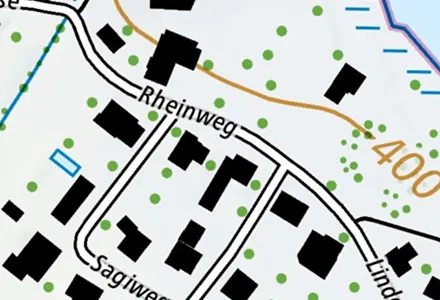 Swisstopo-Landeskarte eines Wohnquartiers als Hintergrundkarte.
