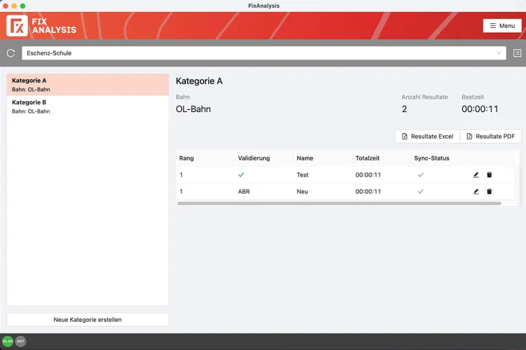 FixAnalysis-Software mit der Resultatliste einer OL-Bahn.
