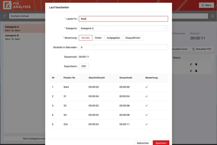 Laufdetails in FixAnalysis mit Abschnitts- und Gesamtzeiten pro Posten.