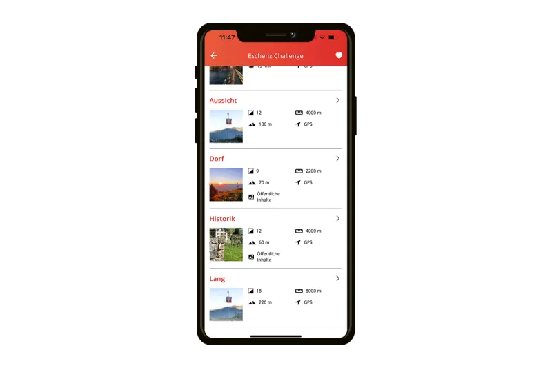FixFinder-App: Übersicht der Bahnen der Eschenz Challenge mit Länge und Höhenmetern.