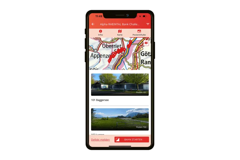 FixFinder-App: Karte und Posten der Alpha RHEINTAL Bank Challenge.