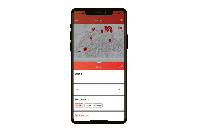 FixFinder-App: Resultate auf der Karte mit Filter- und Sortieroptionen.