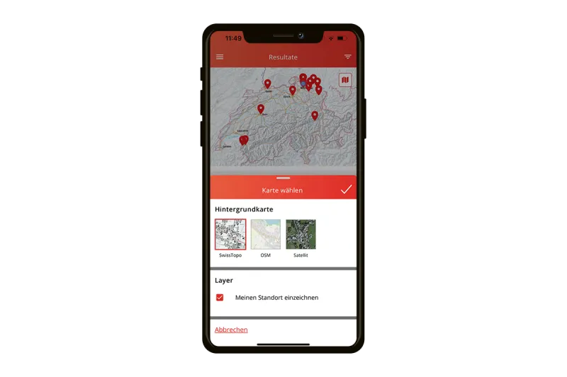 FixFinder-App: Auswahl der Hintergrundkarte für die Resultatansicht.