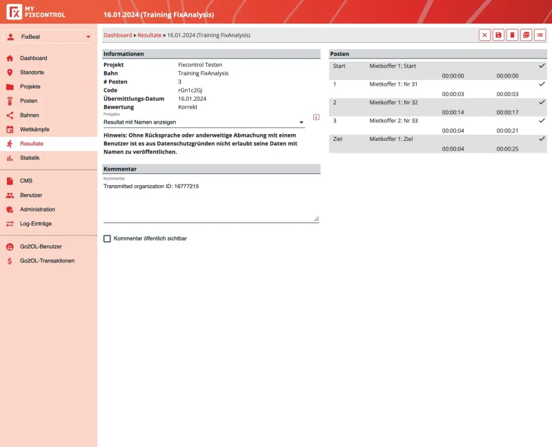 MyFixcontrol: Resultatdetails eines Laufs mit Zwischenzeiten pro Posten.