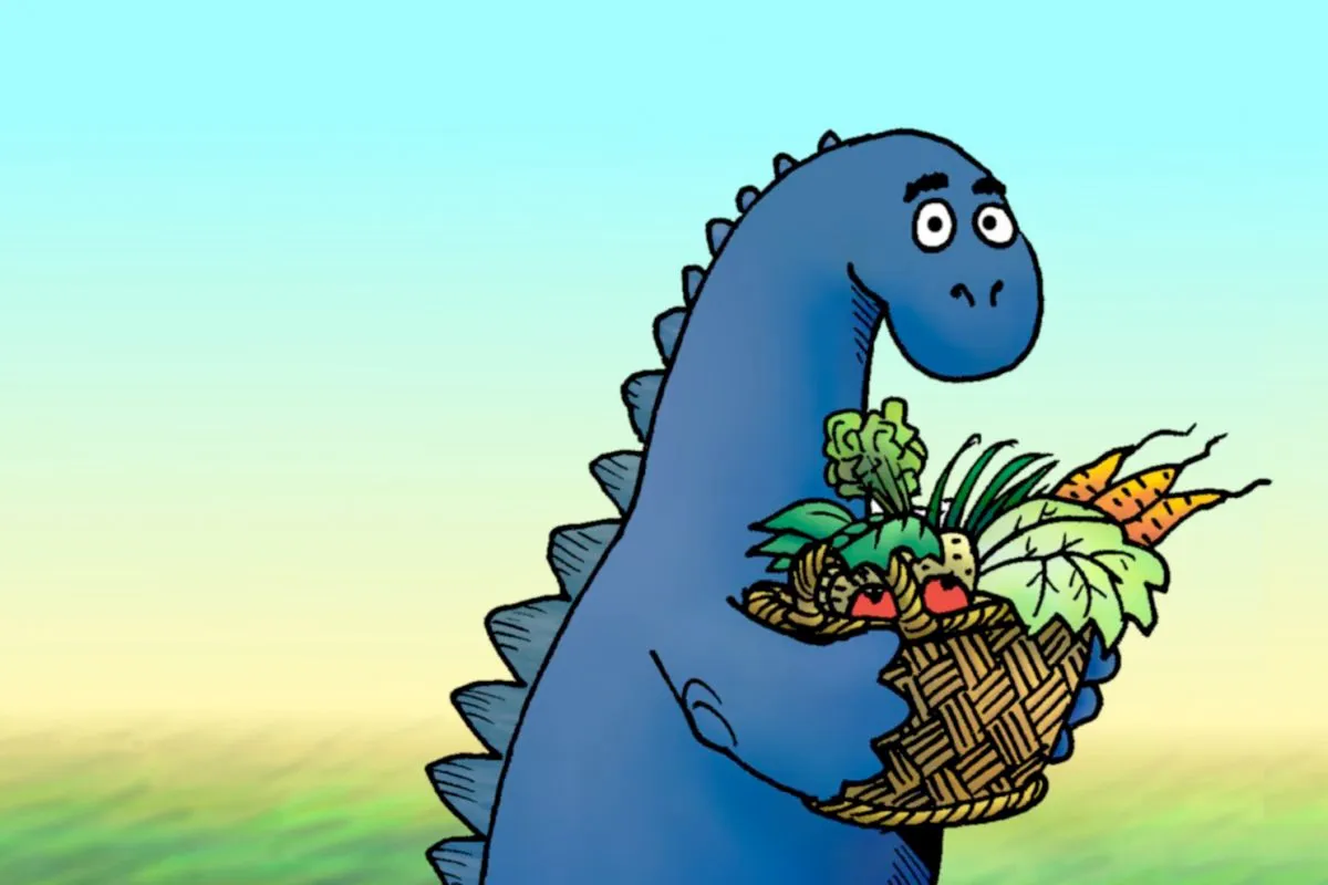Illustration eines blauen Dinosauriers mit einem Gemüsekorb (Gschichtefritz).